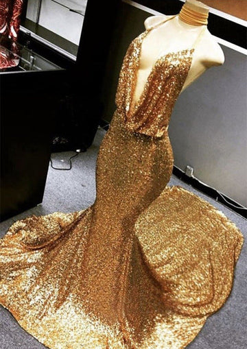 GOLD HALTER V-NECK MERMAID CHARMING SEQUINED DEEP FLOW NECK PROM DRESS HZ1023